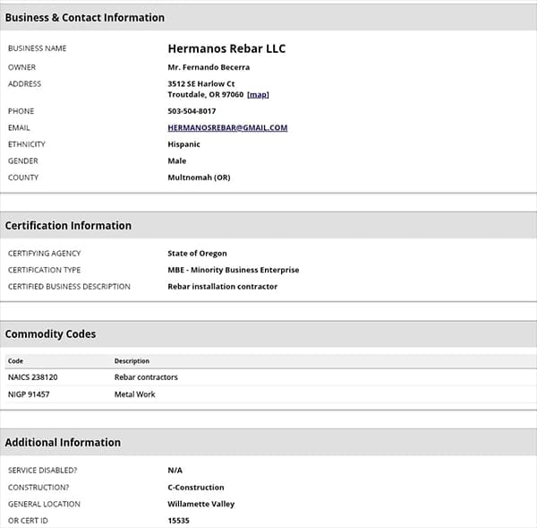 Hermanos Rebar business registration and state certification document